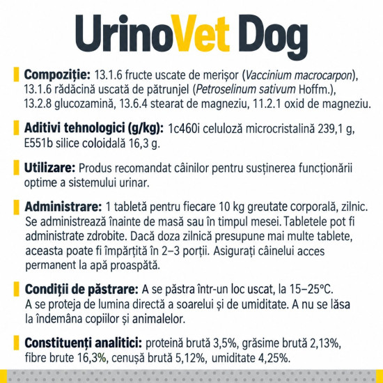 Urinovet Dog Vet Expert – Supliment Alimentar pentru Suportul Sistemului Urinar la Câini – 30 Tablete